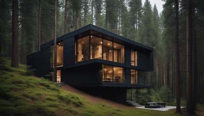 Contemporary Forest Haven, nestled among tall pines, a house with clean lines and a dark wood 