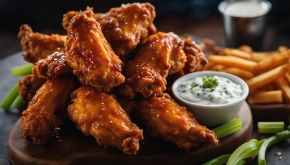 Crispy Chicken Wings, a pile of spicy buffalo wings served with blue cheese dip and celery sticks - obrazy, fototapety, plakaty