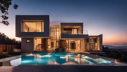 Fototapeta na wymiar Cubist-inspired Residence with Integrated LED Lighting at Blue Hour, the artificial lights accentuat