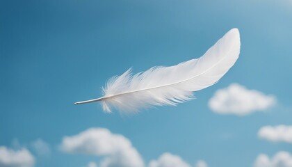 Naklejka premium Floating Feather, a pristine white feather captured in mid-air set against a sky-blue backdrop