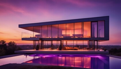Elegant Glass Villa with a Colorful Sunset Backdrop, the purples and oranges of the evening sky