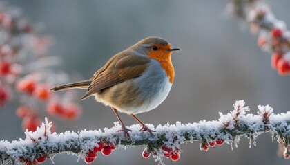 European Robin on Frosty Branch, a European robin fluffed up against the cold, perched