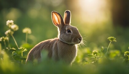 Forest Rabbit in Repose, a wild rabbit nestled in a patch of clover, the soft sunlight highlighting
