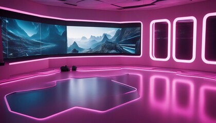  Futuristic Minimalistic Workout Room, walls with embedded screens showing virtual landscapes