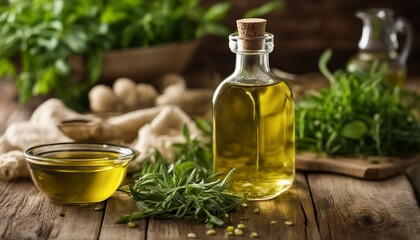 Gourmet Herb Infused Olive Oil, a bottle of olive oil infused with fresh herbs, bathed in warm