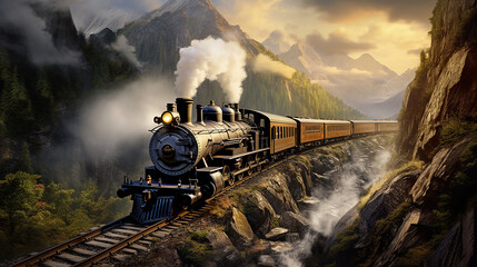 historic steam train in a mountain gorge - obrazy, fototapety, plakaty