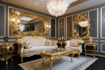 Exquisite home interior decorated with golden frames on elegant furniture. Generative AI