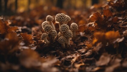 Morel Mushrooms in Dappled Sunlight, elusive morels camouflaged among fallen leaves