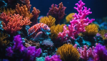 Naklejka na ściany i meble Neon Underwater, a scene of marine life illuminated with neon lights, showcasing the vivid colors 