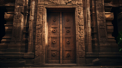 An intricately carved wooden door in an ancient fortress