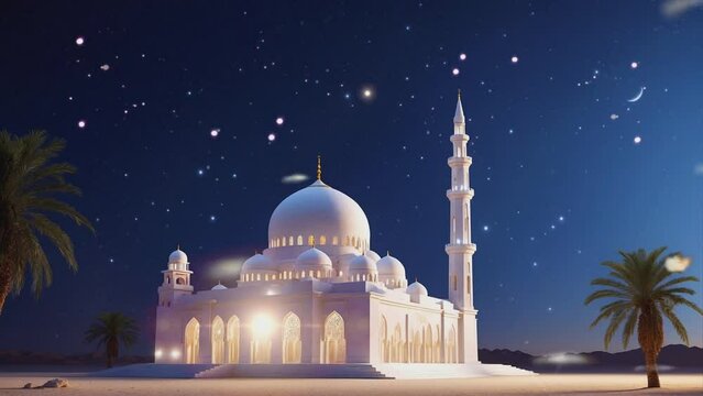 Ramadan kareem eid al fitr with holy gate of mosque with beautiful light on its minaret. 4k video animation background of a magnificent Mosque at midnight full moon with aurora.
