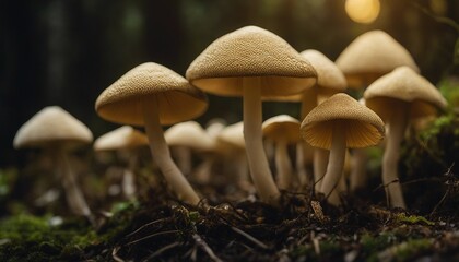 Paddy Straw Mushroom, these tall, conical mushrooms rising from the warm, humid forest ground - obrazy, fototapety, plakaty