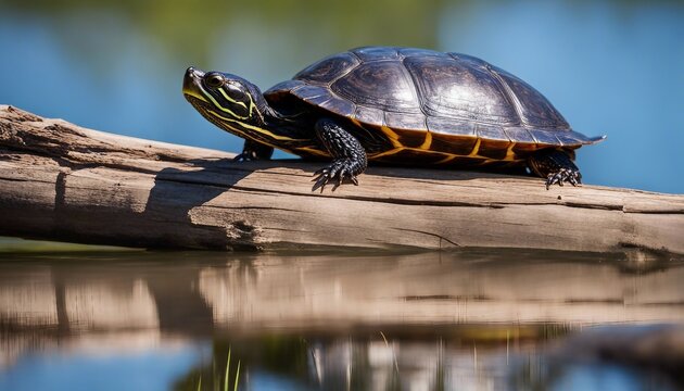Painted Turtle Basking on Log, a painted turtle soaking up the sun on a driftwood log
