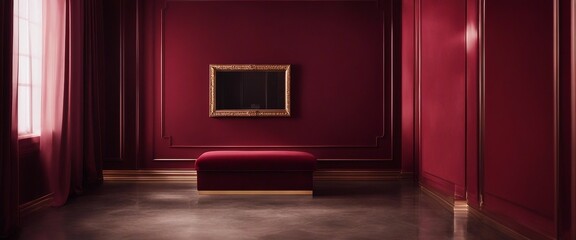 Ruby Red Elegance, a deep ruby wall with a velvet texture, a small square window to the right