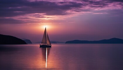 Sailboat at Twilight, a lone sailboat anchored in a quiet cove, the sails reflecting the purples 