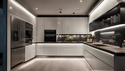 Sleek LED Strips, under-shelf LED lighting strips in a contemporary kitchen, the cool white light 