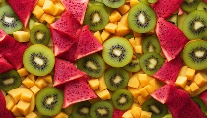 Thinly sliced tropical fruits like mango, kiwi, and dragon fruit, arranged in a radial pattern
