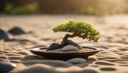 Küchenrückwand glas motiv Tranquil Zen Garden, smooth river stones and a single bonsai tree in a minimalist Zen garden © vanAmsen