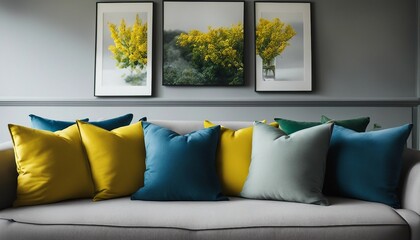 Vibrant Throw Pillows on Neutral Sofa, a collection of bright yellow, blue, and green pillows