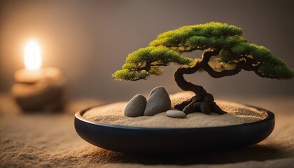 Zen Garden Corner, a small, raked sand zen garden with a single, perfectly placed rock and a minimal - Powered by Adobe