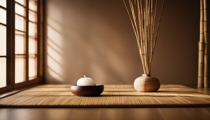 Zen Meditation Room, a space with bamboo flooring and a neutral-toned wall, a single light source  - Powered by Adobe
