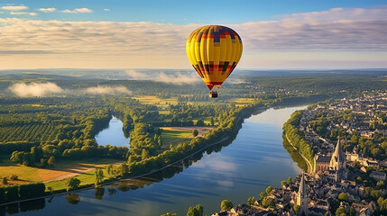 hot air balloon over cappadocia the loire valley floats gently over France's Loire Valley - obrazy, fototapety, plakaty