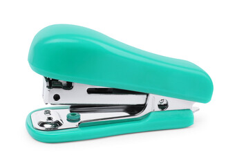 One new turquoise stapler isolated on white