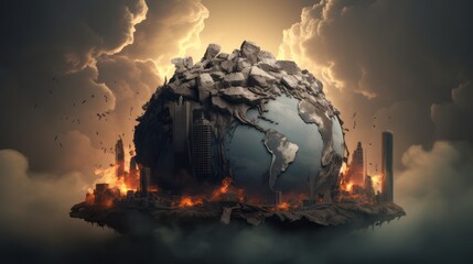Illustration of the appearance of the earth destroyed on doomsday. The earth exploded due to a meteor impact, with terrible dark clouds. - obrazy, fototapety, plakaty