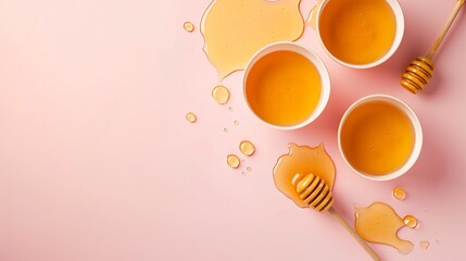 Golden and shiny honey on soft pastel background visual composition. Container with natural honey seen from above in a pleasant sensorial combination. - obrazy, fototapety, plakaty