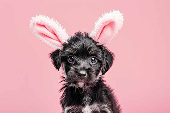 Portrait of a cute puppy wearing easter bunny ears. Happy easter concept