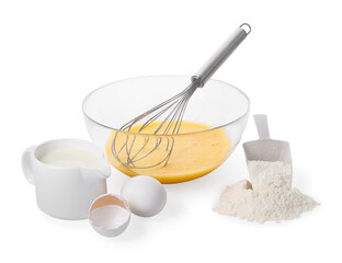 Making dough. Beaten eggs, metal whisk in bowl, flour and milk isolated on white