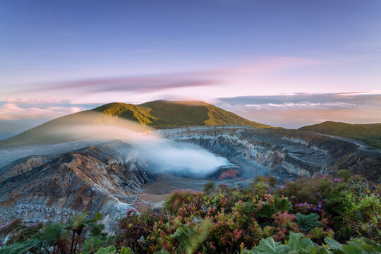 Sunrise over the crater with smoke, Poas volcano, Costa Rica
