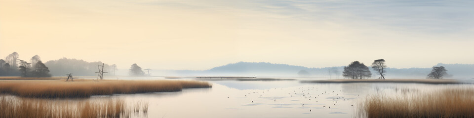 Fototapeta premium Eerie Stillness of a Marsh's Evening Fog Creates Perfect Wallpaper For Concentrating on a Computer Desktop or For Decorative Art. Calmness, Serenity, Tranquility, Beige and Brown Tones