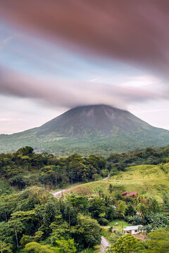 Dramatic landscape of Arenal volcano at sunset, Costa Rica