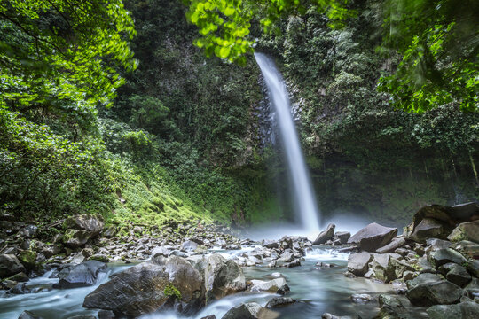 Waterfall and river in the lush forest of Costa Rica