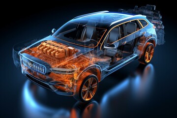 3D illustration of SUV car with x-ray effect and powertrain system. Generative AI - obrazy, fototapety, plakaty