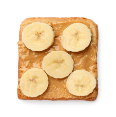 Delicious toast with peanut butter and banana isolated on white, top view