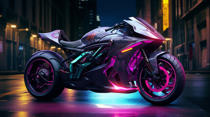 A high-powered motorcycle with glowing neon lights and a futuristic design speeds through