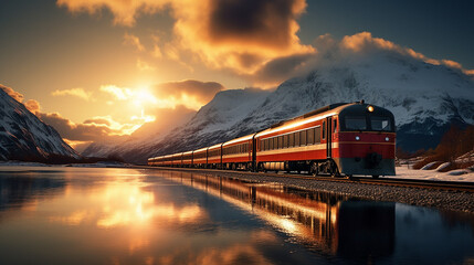 night train in the Norwegian Arctic Circle under the midnight sun in the Norwegian Arctic Circle - obrazy, fototapety, plakaty