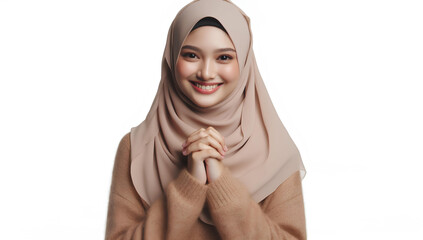 an Asian woman wearing a hijab poses with clasped hands with a happy smiling facial expression