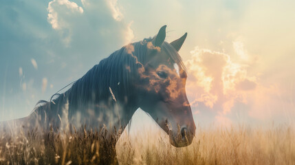 Double exposure portrait of single horse blended with nature background - obrazy, fototapety, plakaty
