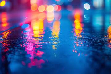 Light effect, blurred background. Wet asphalt, night view of the city, neon reflections on the concrete floor. Night empty stage, studio. Dark abstract background, dark empty street.