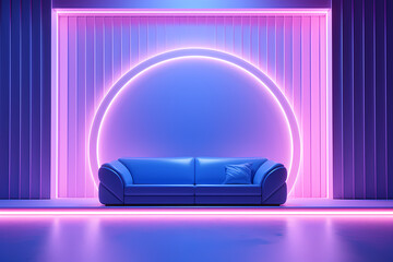 studio room with curved walls and sofa