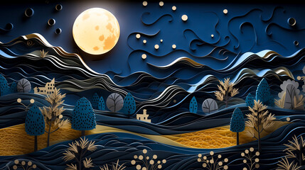 Night landscape with full moon in paper cut and quilling art technique.