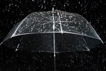 Experience the poetry of rain with a transparent umbrella against a waterdrop splash background. An exquisite depiction of a rainy day. AI generative