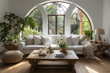 Modern living redefined – a white sofa, rustic charm, and a wooden stamp coffee table create a stylish ambiance against an arched window. AI generative - obrazy, fototapety, plakaty