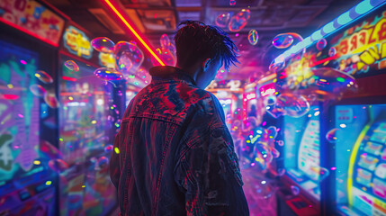 Obraz na płótnie Canvas Guy with Frosted Tips and a Denim Jacket in a Y2K Themed Arcade, Immersed in a Kaleidoscopic Fusion of Nostalgia and Fun. 1990.