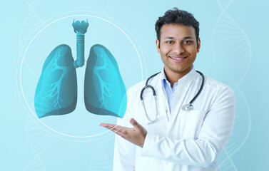 Male Indian doctor using virtual screen with picture of lungs on light blue background
