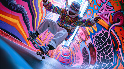 Skatepark Showtime: A Guy in a Bucket Hat and Oversized Skateboard Sneakers Performs Tricks in a Skatepark Adorned with Animated Graffiti and Patterns, Adding a Dynamic Element to His Moves