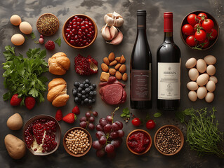 Gourmet Food and Wine Assortment on Dark Surface